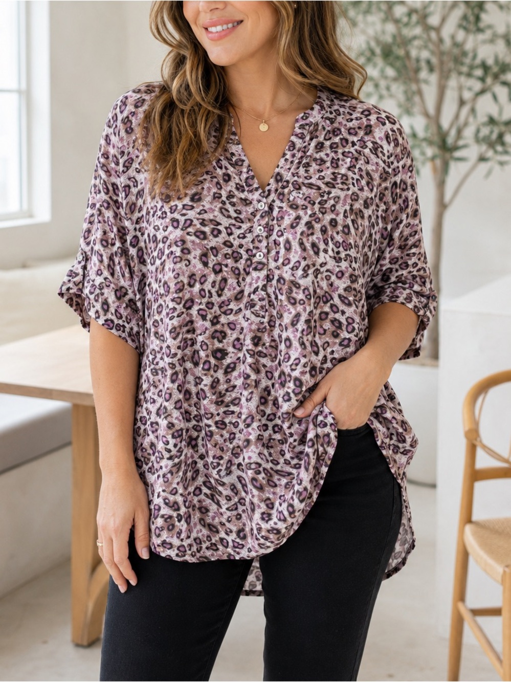 XXL Pink Leopard Print Button Front Blouse Tunic Top Animal Print Office Wear